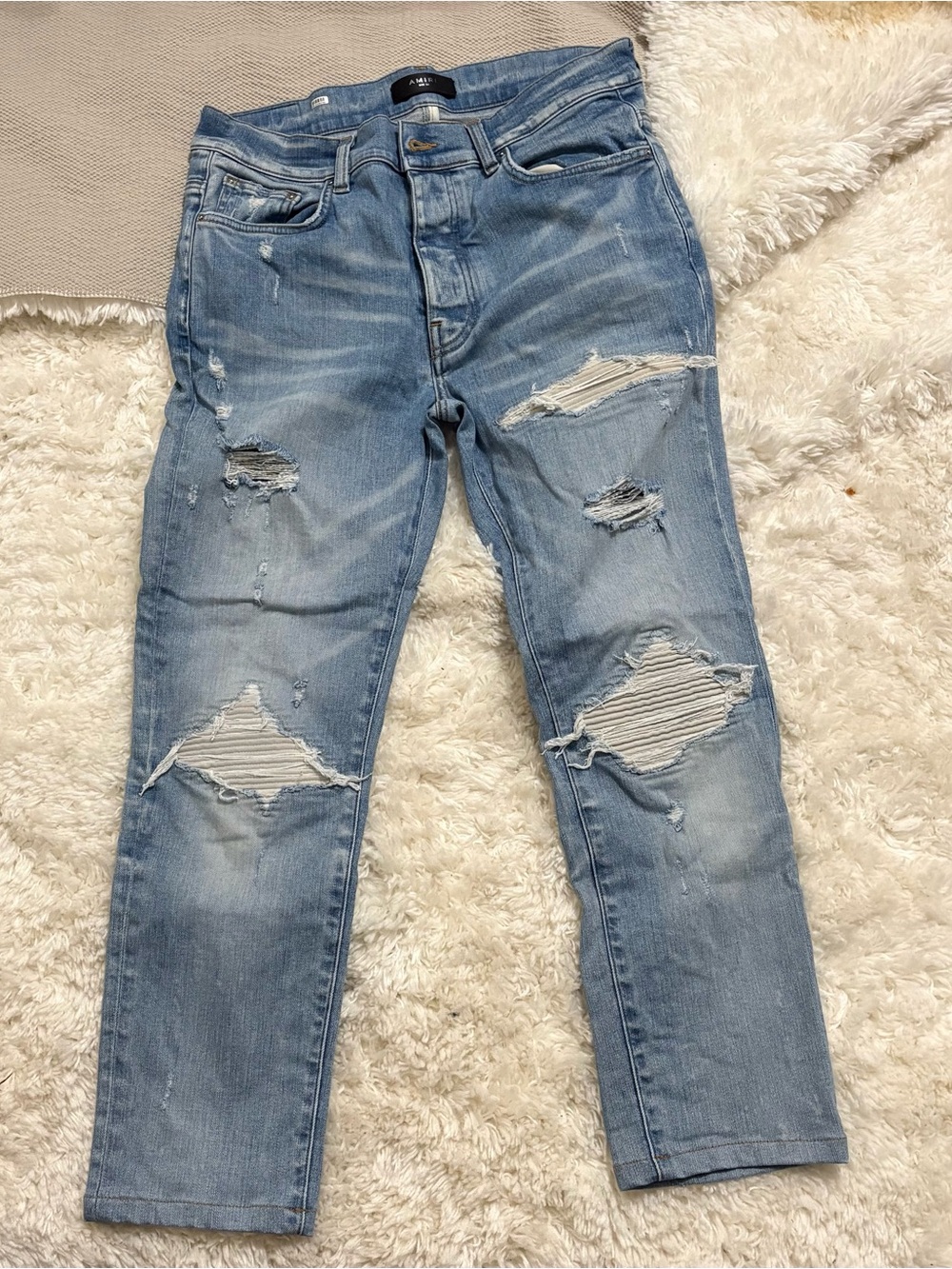 AMIRI Light Blue Distressed Slim Jeans